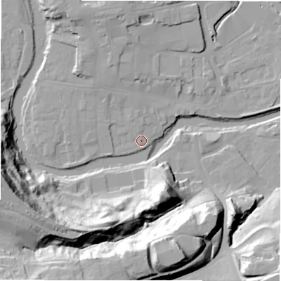 Shaded relief map of the ground around NE611PL, computed from Environment Agency LiDAR. The ground here sits at about 26 m above sea level and falls 39 m across the surrounding 800 m. Surface water reaching this point runs off ground lying to the north-west, 3.1 m higher.
