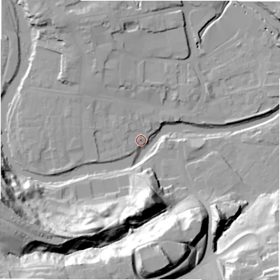 Shaded relief map of the ground around NE611PP, computed from Environment Agency LiDAR. The ground here sits at about 25 m above sea level and falls 39 m across the surrounding 800 m. Surface water reaching this point runs off ground lying to the north-north-west, 3.4 m higher.