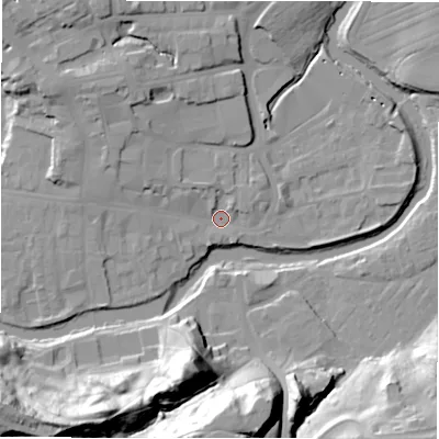 Shaded relief map of the ground around NE611PQ, computed from Environment Agency LiDAR. The ground here sits at about 25 m above sea level and falls 35 m across the surrounding 800 m. Surface water reaching this point runs off ground lying to the north-west, 7.9 m higher.