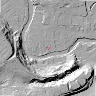 Shaded relief map of the ground around NE611PR, computed from Environment Agency LiDAR. The ground here sits at about 26 m above sea level and falls 41 m across the surrounding 800 m. Surface water reaching this point runs off ground lying to the north, 2.9 m higher.