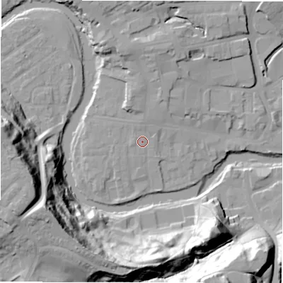 Shaded relief map of the ground around NE611PS, computed from Environment Agency LiDAR. The ground here sits at about 28 m above sea level and falls 41 m across the surrounding 800 m. Surface water reaching this point runs off ground lying to the north, 7.3 m higher.