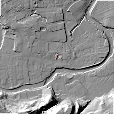 Shaded relief map of the ground around NE611PT, computed from Environment Agency LiDAR. The ground here sits at about 27 m above sea level and falls 35 m across the surrounding 800 m. Surface water reaching this point runs off ground lying to the north-west, 7.7 m higher.
