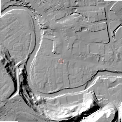 Shaded relief map of the ground around NE611PX, computed from Environment Agency LiDAR. The ground here sits at about 28 m above sea level and falls 41 m across the surrounding 800 m. Surface water reaching this point runs off ground lying to the north-north-west, 6.9 m higher.
