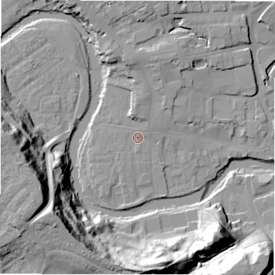 Shaded relief map of the ground around NE611PY, computed from Environment Agency LiDAR. The ground here sits at about 28 m above sea level and falls 42 m across the surrounding 800 m. Surface water reaching this point runs off ground lying to the east-north-east, 0.8 m higher.
