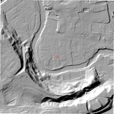 Shaded relief map of the ground around NE611QE, computed from Environment Agency LiDAR. The ground here sits at about 27 m above sea level and falls 44 m across the surrounding 800 m. Surface water reaching this point runs off ground lying to the north, 2.0 m higher.