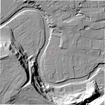Shaded relief map of the ground around NE611QF, computed from Environment Agency LiDAR. The ground here sits at about 28 m above sea level and falls 44 m across the surrounding 800 m. Surface water reaching this point runs off ground lying to the north-east, 4.1 m higher.