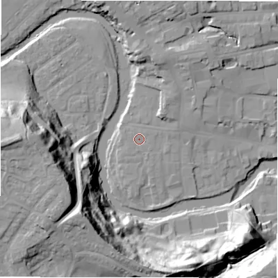 Shaded relief map of the ground around NE611QH, computed from Environment Agency LiDAR. The ground here sits at about 28 m above sea level and falls 44 m across the surrounding 800 m. Surface water reaching this point runs off ground lying to the east-north-east, 0.5 m higher.