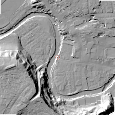 Shaded relief map of the ground around NE611QJ, computed from Environment Agency LiDAR. The ground here sits at about 27 m above sea level and falls 44 m across the surrounding 800 m. Surface water reaching this point runs off ground lying to the west-south-west, 41.9 m higher.