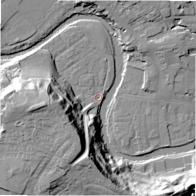 Shaded relief map of the ground around NE611QL, computed from Environment Agency LiDAR. The ground here sits at about 26 m above sea level and falls 43 m across the surrounding 800 m. Surface water reaching this point runs off ground lying to the west, 40.0 m higher.