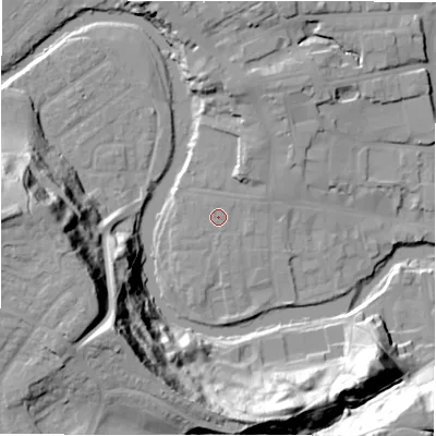 Shaded relief map of the ground around NE611QQ, computed from Environment Agency LiDAR. The ground here sits at about 28 m above sea level and falls 44 m across the surrounding 800 m. Surface water reaching this point runs off ground lying to the north-north-east, 0.5 m higher.