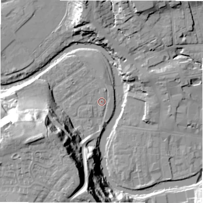 Shaded relief map of the ground around NE611QS, computed from Environment Agency LiDAR. The ground here sits at about 27 m above sea level and falls 44 m across the surrounding 800 m. Surface water reaching this point runs off ground lying to the north-west, 2.8 m higher.