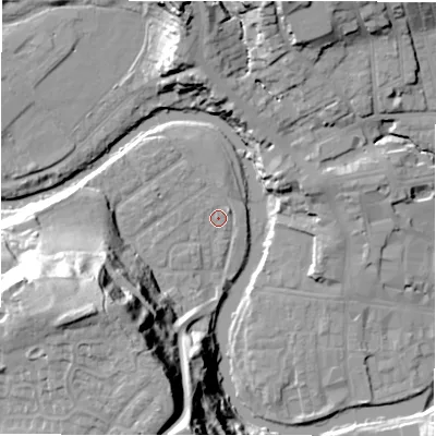 Shaded relief map of the ground around NE611QT, computed from Environment Agency LiDAR. The ground here sits at about 27 m above sea level and falls 44 m across the surrounding 800 m. Surface water reaching this point runs off ground lying to the west-north-west, 2.4 m higher.