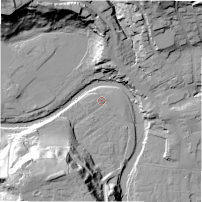 Shaded relief map of the ground around NE611QU, computed from Environment Agency LiDAR. The ground here sits at about 28 m above sea level and falls 42 m across the surrounding 800 m. Surface water reaching this point runs off ground lying to the west-south-west, 1.5 m higher.