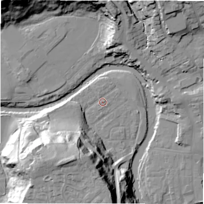 Shaded relief map of the ground around NE611QY, computed from Environment Agency LiDAR. The ground here sits at about 29 m above sea level and falls 42 m across the surrounding 800 m. Surface water reaching this point runs off ground lying to the north-west, 0.9 m higher.