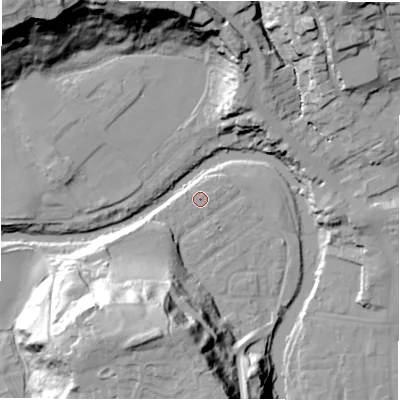 Shaded relief map of the ground around NE611RB, computed from Environment Agency LiDAR. The ground here sits at about 29 m above sea level and falls 42 m across the surrounding 800 m. Surface water reaching this point runs off ground lying to the west, 0.8 m higher.