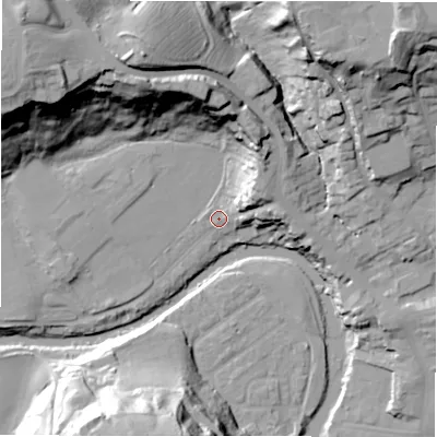 Shaded relief map of the ground around NE611RF, computed from Environment Agency LiDAR. The ground here sits at about 29 m above sea level and falls 44 m across the surrounding 800 m. Surface water reaching this point runs off ground lying to the east-north-east, 11.1 m higher.