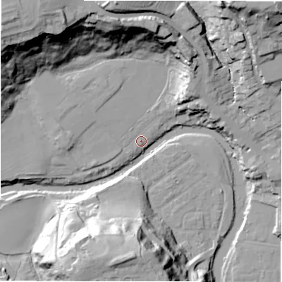 Shaded relief map of the ground around NE611RG, computed from Environment Agency LiDAR. The ground here sits at about 28 m above sea level and falls 44 m across the surrounding 800 m. Surface water reaching this point runs off ground lying to the north-west, 40.0 m higher.
