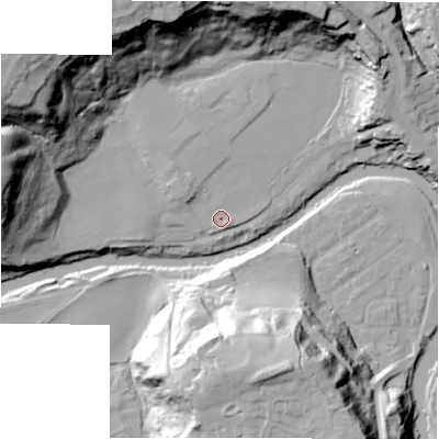 Shaded relief map of the ground around NE611RJ, computed from Environment Agency LiDAR. The ground here sits at about 29 m above sea level and falls 45 m across the surrounding 800 m. Surface water reaching this point runs off ground lying to the north-west, 41.6 m higher.