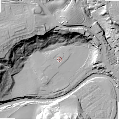 Shaded relief map of the ground around NE611RQ, computed from Environment Agency LiDAR. The ground here sits at about 31 m above sea level and falls 45 m across the surrounding 800 m. Surface water reaching this point runs off ground lying to the west-south-west, 1.0 m higher.