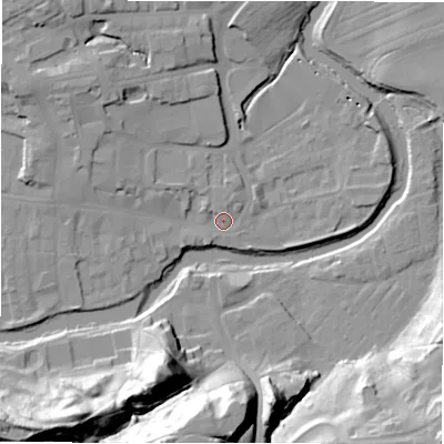 Shaded relief map of the ground around NE611SL, computed from Environment Agency LiDAR. The ground here sits at about 26 m above sea level and falls 36 m across the surrounding 800 m. Surface water reaching this point runs off ground lying to the north-west, 7.9 m higher.