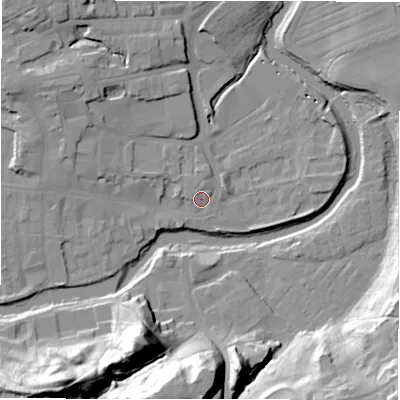 Shaded relief map of the ground around NE611SN, computed from Environment Agency LiDAR. The ground here sits at about 26 m above sea level and falls 35 m across the surrounding 800 m. Surface water reaching this point runs off ground lying to the north, 1.7 m higher.