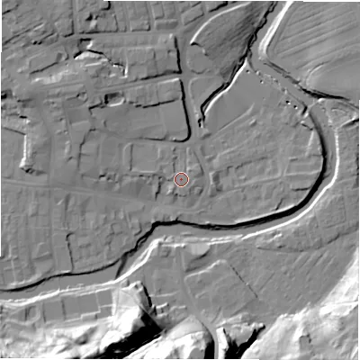 Shaded relief map of the ground around NE611SQ, computed from Environment Agency LiDAR. The ground here sits at about 27 m above sea level and falls 33 m across the surrounding 800 m. Surface water reaching this point runs off ground lying to the north-east, 1.2 m higher.