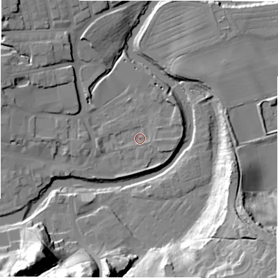 Shaded relief map of the ground around NE611SR, computed from Environment Agency LiDAR. The ground here sits at about 24 m above sea level and falls 34 m across the surrounding 800 m. Surface water reaching this point runs off ground lying to the east-south-east, 2.4 m higher.