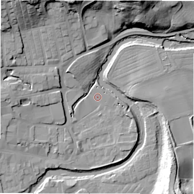 Shaded relief map of the ground around NE611ST, computed from Environment Agency LiDAR. The ground here sits at about 24 m above sea level and falls 35 m across the surrounding 800 m. Surface water reaching this point runs off ground lying to the north-west, 14.4 m higher.