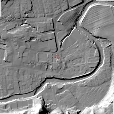 Shaded relief map of the ground around NE611SX, computed from Environment Agency LiDAR. The ground here sits at about 26 m above sea level and falls 31 m across the surrounding 800 m. Surface water reaching this point runs off ground lying to the west-north-west, 8.5 m higher.