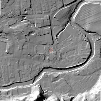 Shaded relief map of the ground around NE611TB, computed from Environment Agency LiDAR. The ground here sits at about 26 m above sea level and falls 31 m across the surrounding 800 m. Surface water reaching this point runs off ground lying to the west-north-west, 8.5 m higher.