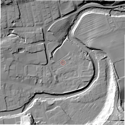 Shaded relief map of the ground around NE611TD, computed from Environment Agency LiDAR. The ground here sits at about 24 m above sea level and falls 31 m across the surrounding 800 m. Surface water reaching this point runs off ground lying to the west, 11.0 m higher.