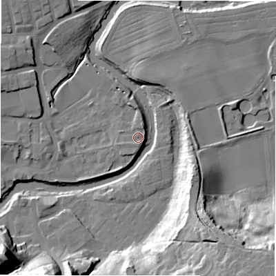 Shaded relief map of the ground around NE611TE, computed from Environment Agency LiDAR. The ground here sits at about 25 m above sea level and falls 35 m across the surrounding 800 m. Surface water reaching this point runs off ground lying to the north-north-east, 1.6 m higher.