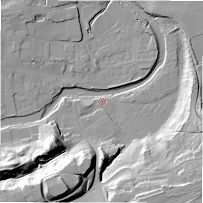 Shaded relief map of the ground around NE611TL, computed from Environment Agency LiDAR. The ground here sits at about 25 m above sea level and falls 39 m across the surrounding 800 m. Surface water reaching this point runs off ground lying to the south-south-west, 35.1 m higher.
