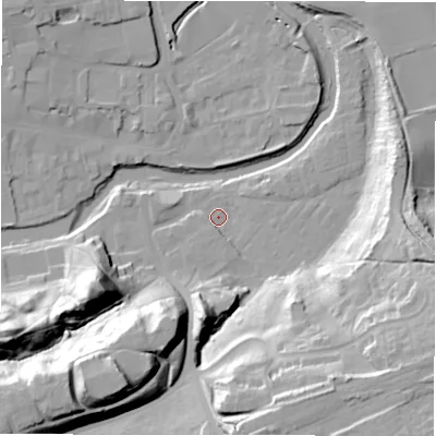 Shaded relief map of the ground around NE611TN, computed from Environment Agency LiDAR. The ground here sits at about 25 m above sea level and falls 39 m across the surrounding 800 m. Surface water reaching this point runs off ground lying to the south-east, 30.0 m higher.