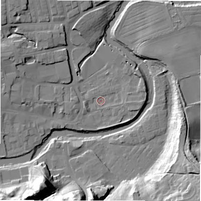 Shaded relief map of the ground around NE611TQ, computed from Environment Agency LiDAR. The ground here sits at about 24 m above sea level and falls 33 m across the surrounding 800 m. Surface water reaching this point runs off ground lying to the west-north-west, 9.5 m higher.