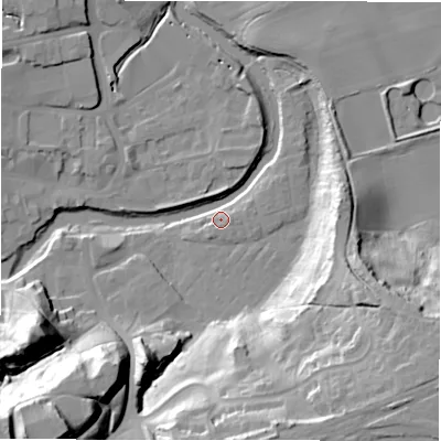 Shaded relief map of the ground around NE611TR, computed from Environment Agency LiDAR. The ground here sits at about 25 m above sea level and falls 39 m across the surrounding 800 m. Surface water reaching this point runs off ground lying to the east, 4.9 m higher.