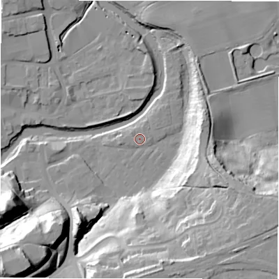 Shaded relief map of the ground around NE611TS, computed from Environment Agency LiDAR. The ground here sits at about 26 m above sea level and falls 39 m across the surrounding 800 m. Surface water reaching this point runs off ground lying to the west-south-west, 1.7 m higher.