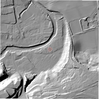 Shaded relief map of the ground around NE611TT, computed from Environment Agency LiDAR. The ground here sits at about 26 m above sea level and falls 39 m across the surrounding 800 m. Surface water reaching this point runs off ground lying to the west, 0.9 m higher.