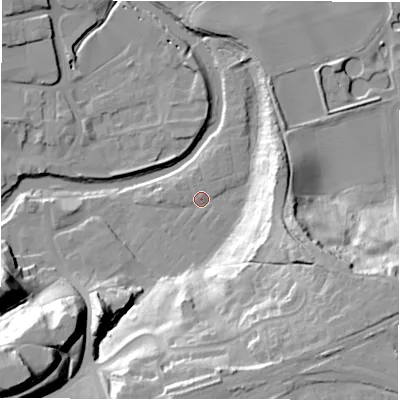 Shaded relief map of the ground around NE611TU, computed from Environment Agency LiDAR. The ground here sits at about 26 m above sea level and falls 39 m across the surrounding 800 m. Surface water reaching this point runs off ground lying to the west, 1.9 m higher.