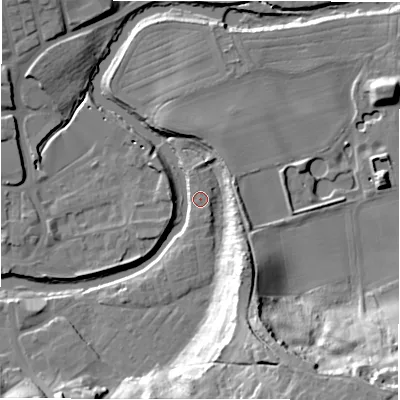 Shaded relief map of the ground around NE611TZ, computed from Environment Agency LiDAR. The ground here sits at about 25 m above sea level and falls 35 m across the surrounding 800 m. Surface water reaching this point runs off ground lying to the south-east, 2.5 m higher.