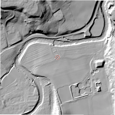 Shaded relief map of the ground around NE611UD, computed from Environment Agency LiDAR. The ground here sits at about 25 m above sea level and falls 46 m across the surrounding 800 m. Surface water reaching this point runs off ground lying to the west-south-west, 1.3 m higher.