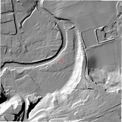 Shaded relief map of the ground around NE611UF, computed from Environment Agency LiDAR. The ground here sits at about 26 m above sea level and falls 39 m across the surrounding 800 m. Surface water reaching this point runs off ground lying to the south, 1.5 m higher.