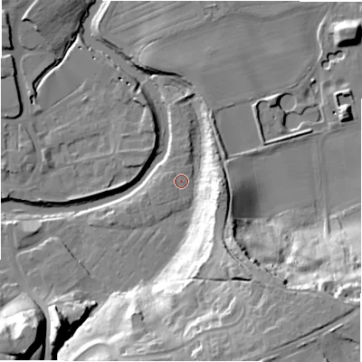 Shaded relief map of the ground around NE611UG, computed from Environment Agency LiDAR. The ground here sits at about 25 m above sea level and falls 34 m across the surrounding 800 m. Surface water reaching this point runs off ground lying to the south-east, 31.1 m higher.
