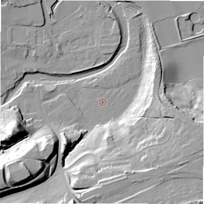 Shaded relief map of the ground around NE611UJ, computed from Environment Agency LiDAR. The ground here sits at about 26 m above sea level and falls 39 m across the surrounding 800 m. Surface water reaching this point runs off ground lying to the south-south-east, 29.0 m higher.