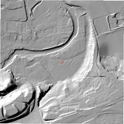 Shaded relief map of the ground around NE611UL, computed from Environment Agency LiDAR. The ground here sits at about 26 m above sea level and falls 39 m across the surrounding 800 m. Surface water reaching this point runs off ground lying to the north-west, 1.6 m higher.