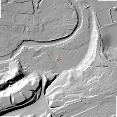 Shaded relief map of the ground around NE611UN, computed from Environment Agency LiDAR. The ground here sits at about 25 m above sea level and falls 39 m across the surrounding 800 m. Surface water reaching this point runs off ground lying to the south-south-east, 25.7 m higher.