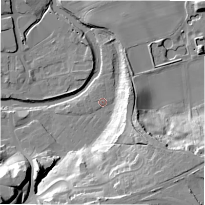 Shaded relief map of the ground around NE611UQ, computed from Environment Agency LiDAR. The ground here sits at about 25 m above sea level and falls 39 m across the surrounding 800 m. Surface water reaching this point runs off ground lying to the south-east, 30.5 m higher.