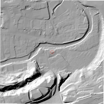 Shaded relief map of the ground around NE611US, computed from Environment Agency LiDAR. The ground here sits at about 26 m above sea level and falls 39 m across the surrounding 800 m. Surface water reaching this point runs off ground lying to the west, 3.5 m higher.