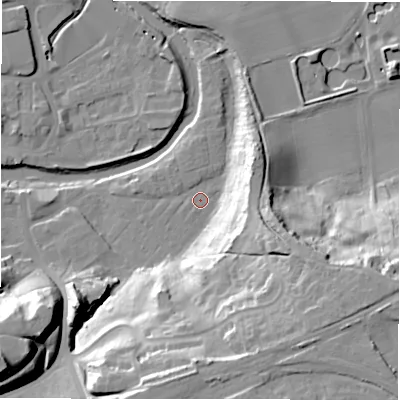 Shaded relief map of the ground around NE611UT, computed from Environment Agency LiDAR. The ground here sits at about 25 m above sea level and falls 39 m across the surrounding 800 m. Surface water reaching this point runs off ground lying to the east-south-east, 30.5 m higher.