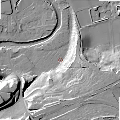 Shaded relief map of the ground around NE611UU, computed from Environment Agency LiDAR. The ground here sits at about 25 m above sea level and falls 39 m across the surrounding 800 m. Surface water reaching this point runs off ground lying to the east-south-east, 29.4 m higher.